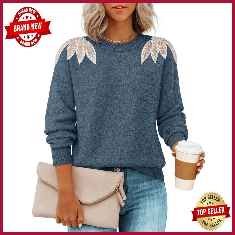 Long Sleeve Crew Neck Pullover Sweater, Loose Knit, See Through Beaded Shoulder
